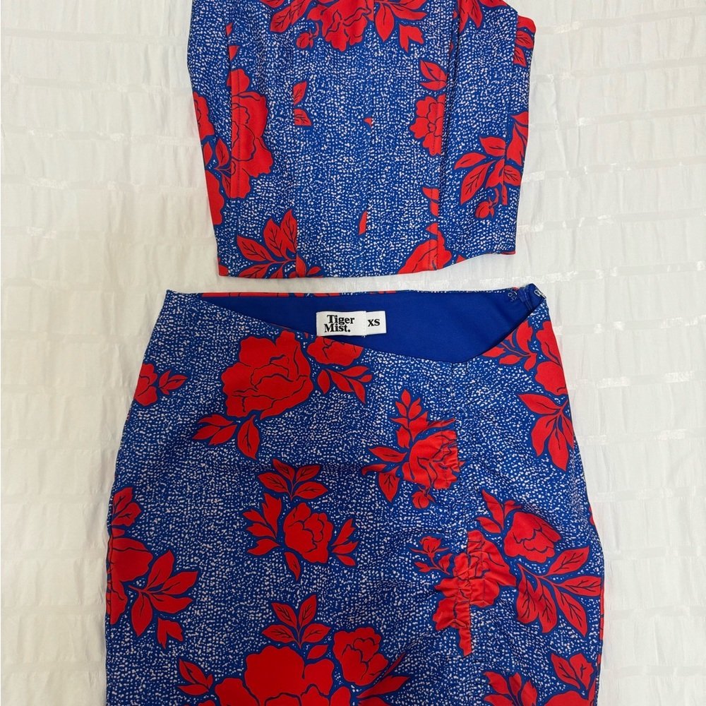 Tiger Mist Blue and Red Floral Mini Skirt Set